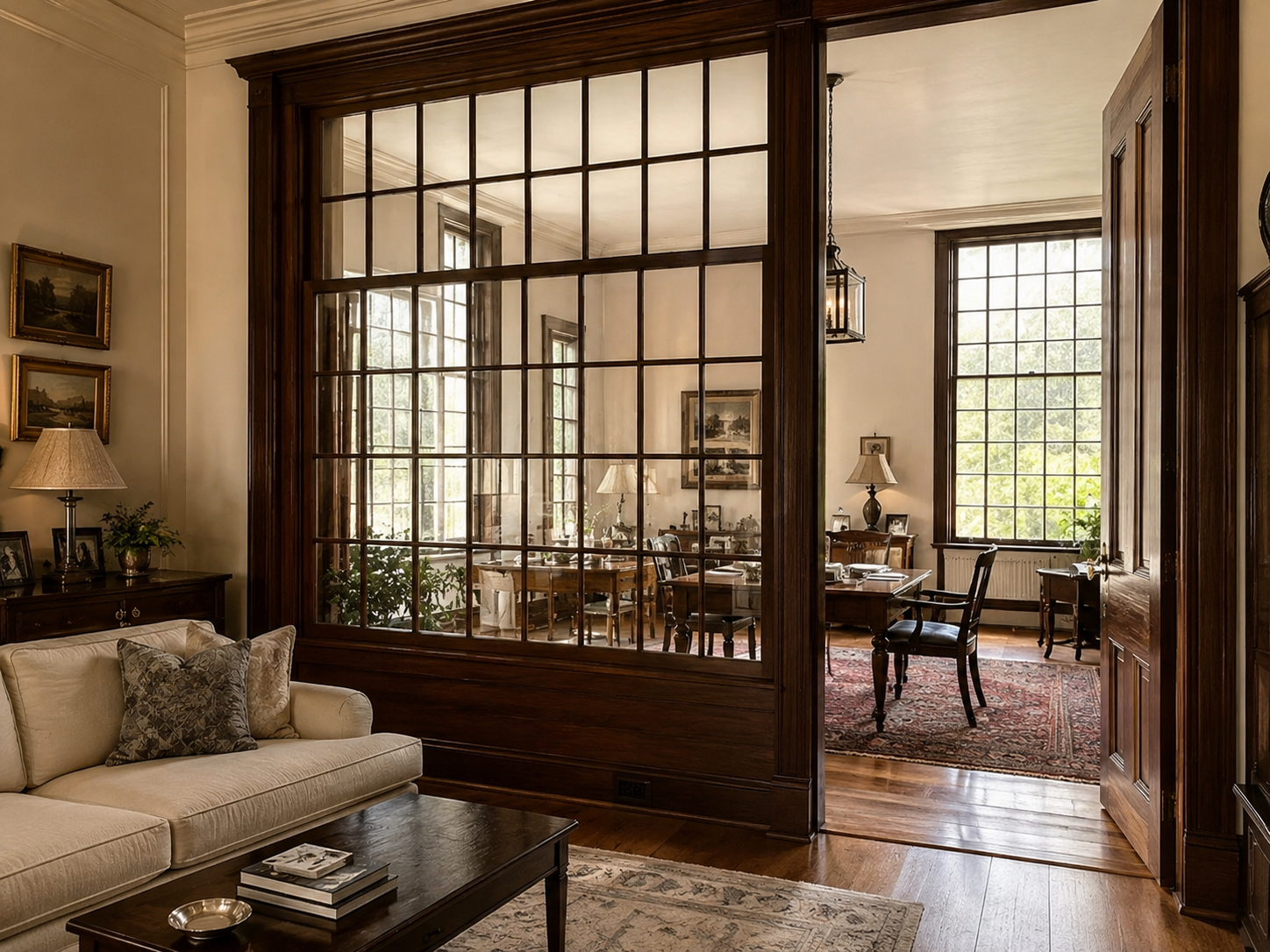 Concept rendering of a restored historic multi-pane window used as an interior glass partition in a historic home