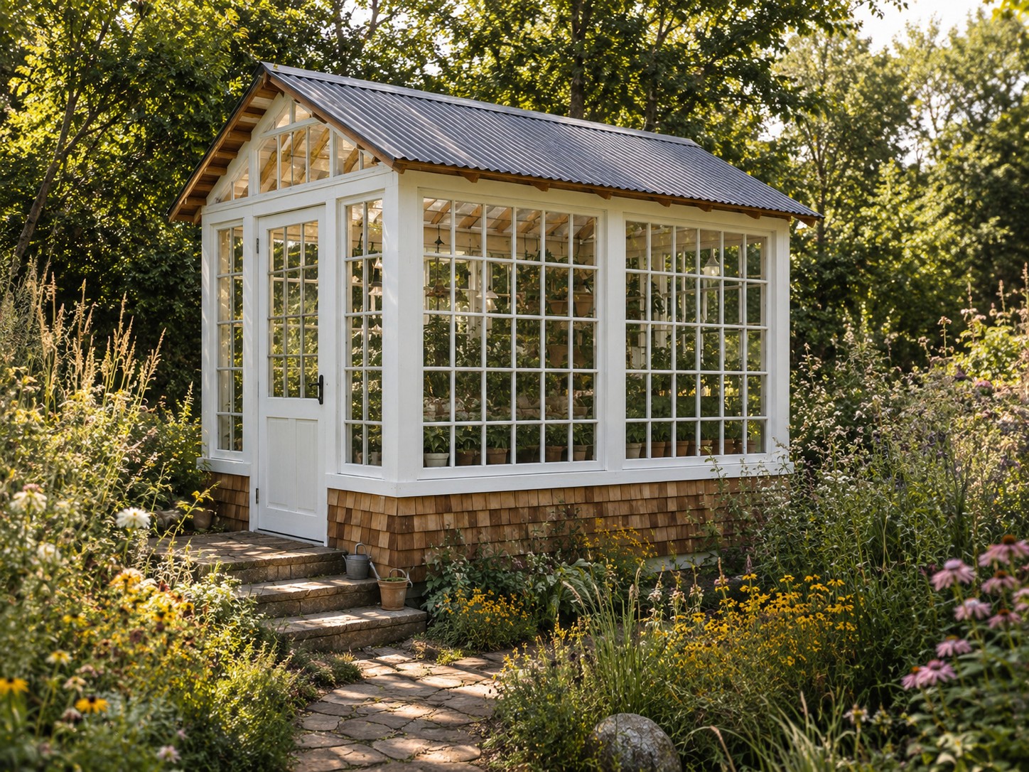 A handcrafted greenhouse surrounded by a garden