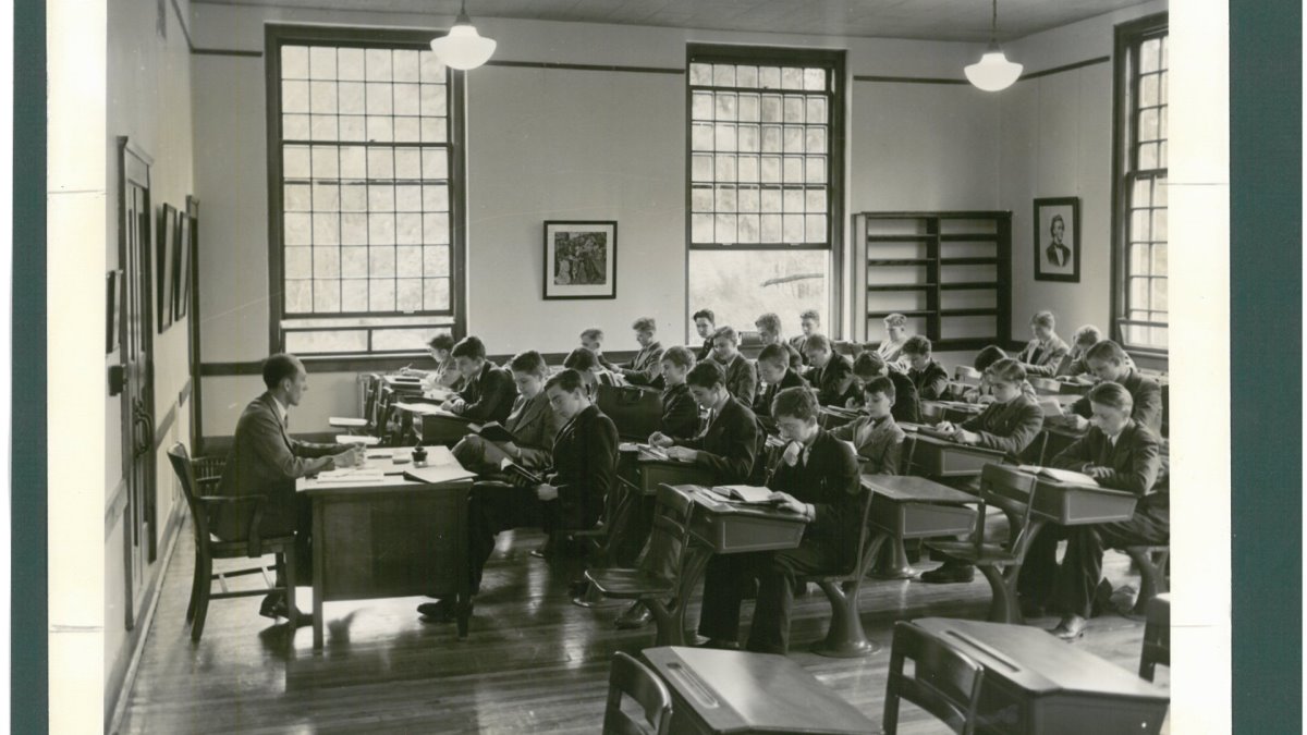Historic classroom in Seymour Hall at Western Reserve Academy showing the original multi-pane windows